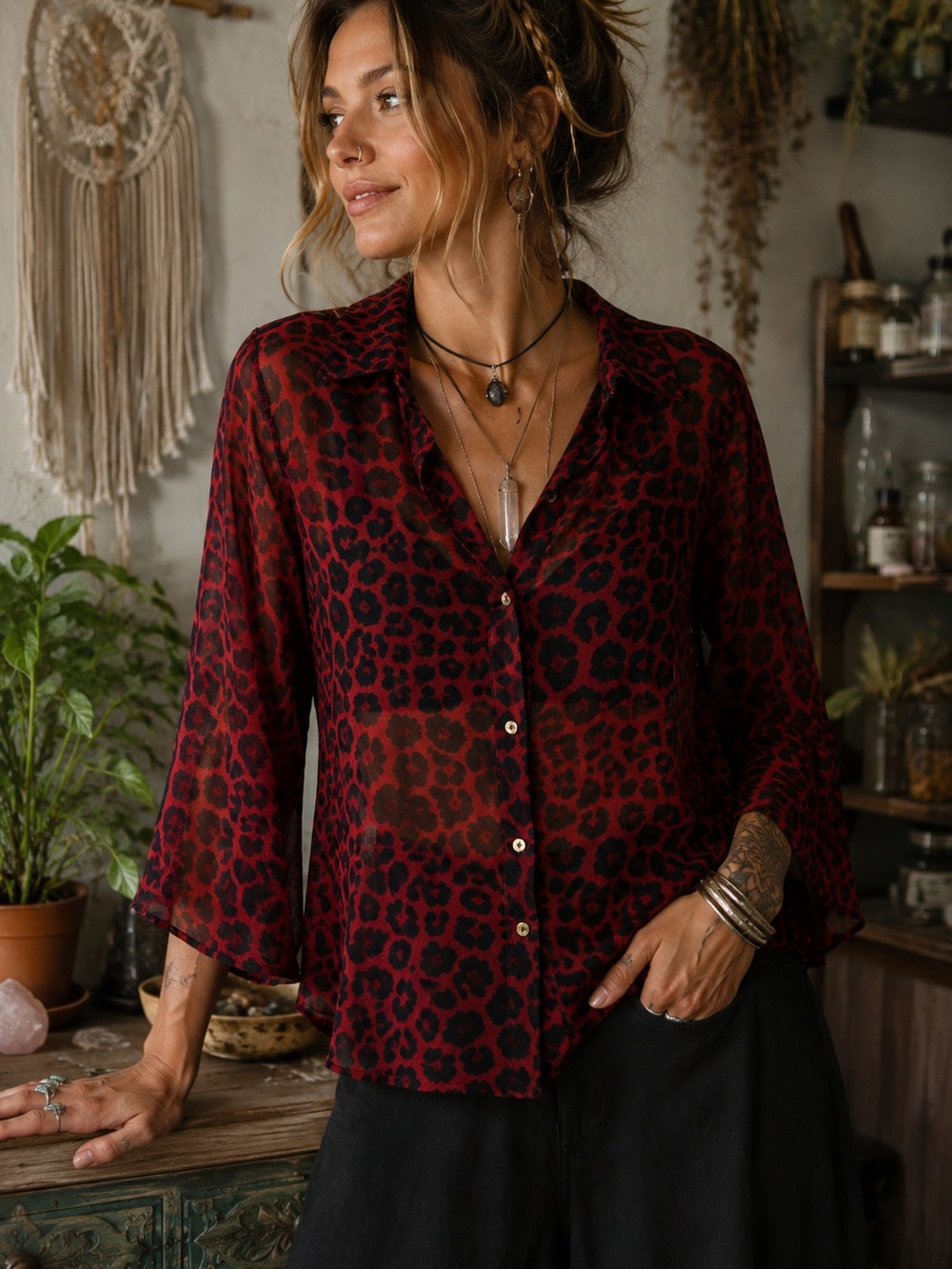 Red & Black Leopard Print Sheer Blouse – Size Large